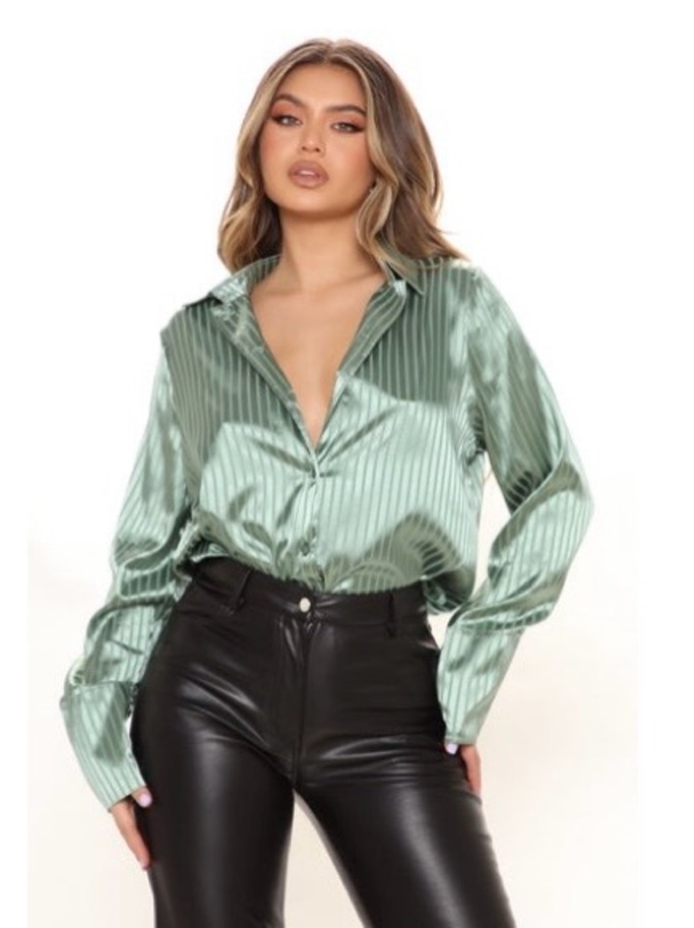 Fashion Nova Satin Stripe Button-Down Shirt in Sage Green